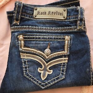 Rock Revival Dark Blue Denim Jeans with Contrast Embroidered Pocket